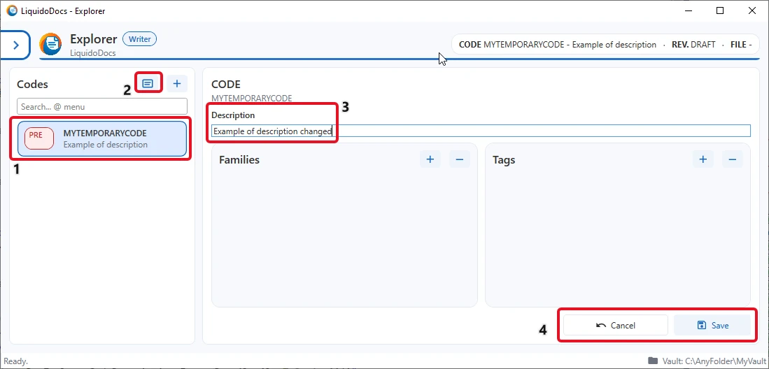 Detailknop en gebied voor het wijzigen van de beschrijving in de sectie Codes van LiquidoDocs Explorer.