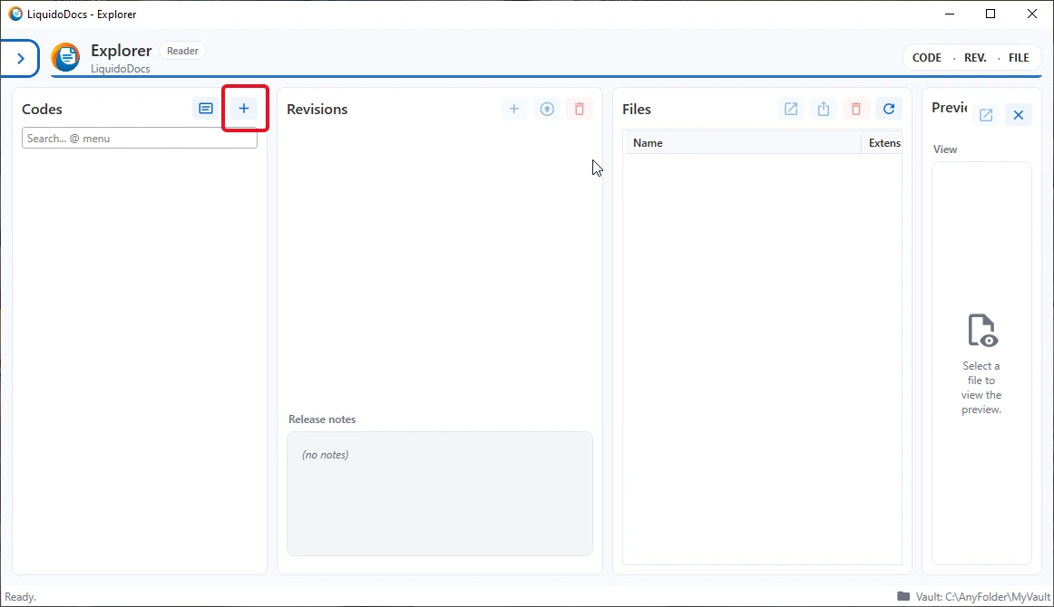 Plusknop in de sectie Codes van LiquidoDocs Explorer.