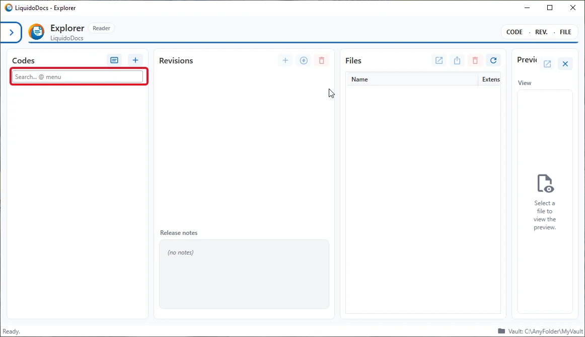 Zoekveld in de sectie Codes van LiquidoDocs Explorer.