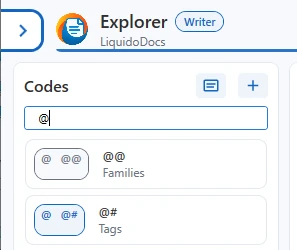 Zoekmenu geopend met het teken @ in de sectie Codes.