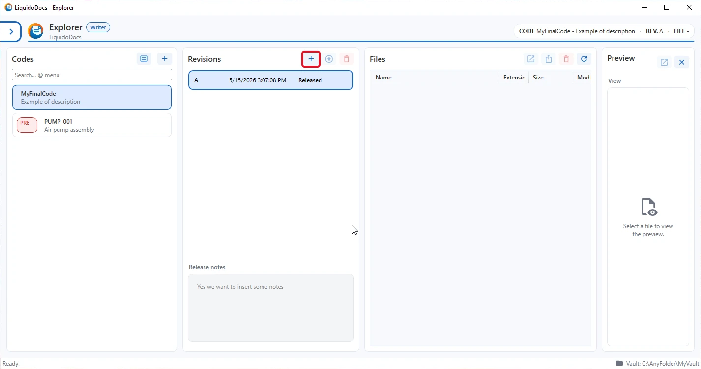 Plusknop in de revisiesectie om een nieuwe draft te maken in LiquidoDocs Explorer.