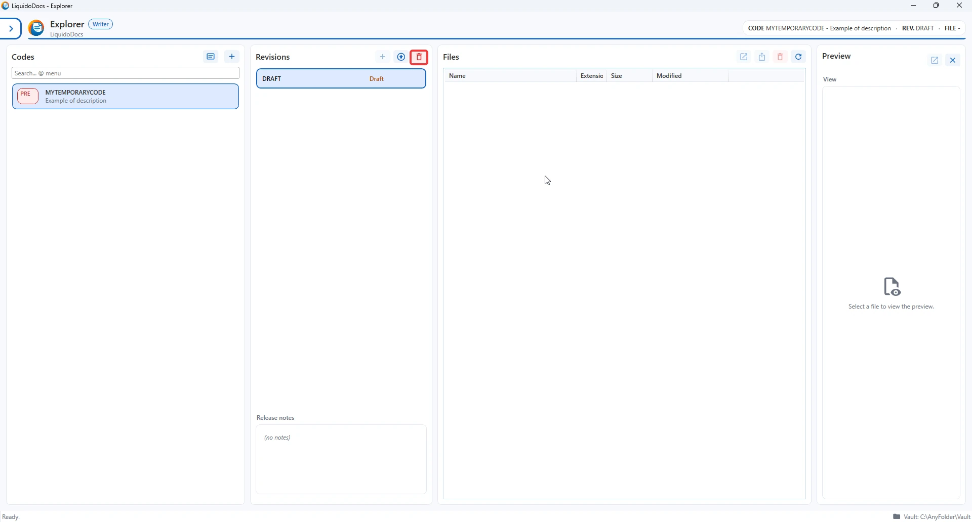 Prullenbakknop in de revisiesectie van LiquidoDocs Explorer.
