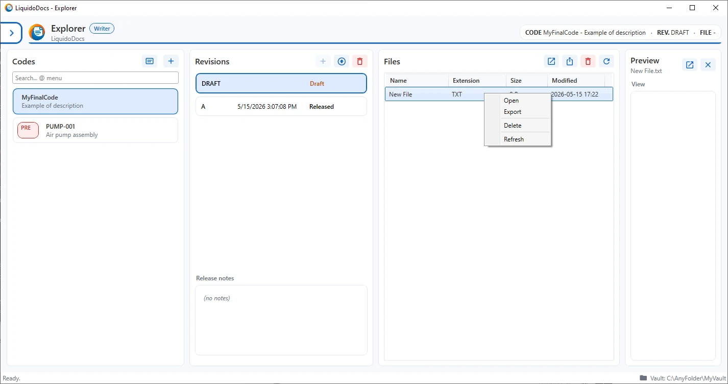 Bestandensectie van een draft in LiquidoDocs Explorer met geopend contextmenu.