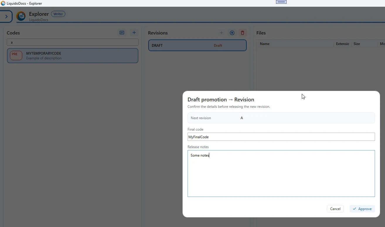 Bevestigingsvenster om een draft naar een revisie te promoveren in LiquidoDocs Explorer.