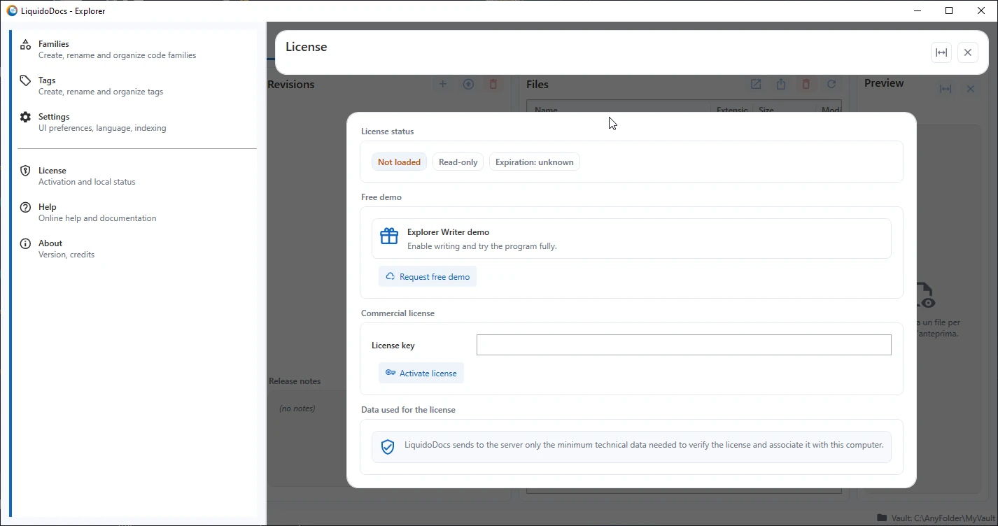 Sectie Licentie van LiquidoDocs Explorer met aanvraag voor gratis demo.