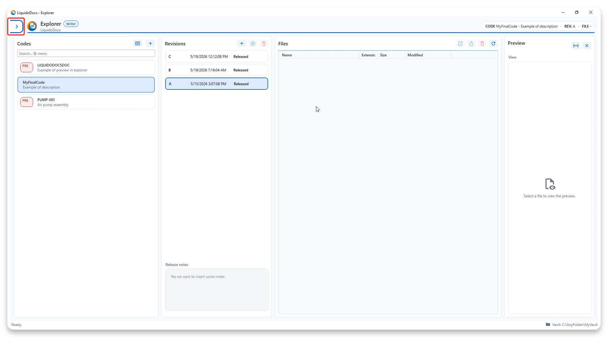 Hoofdmenu van LiquidoDocs Explorer geopend met de knop Bookmark.